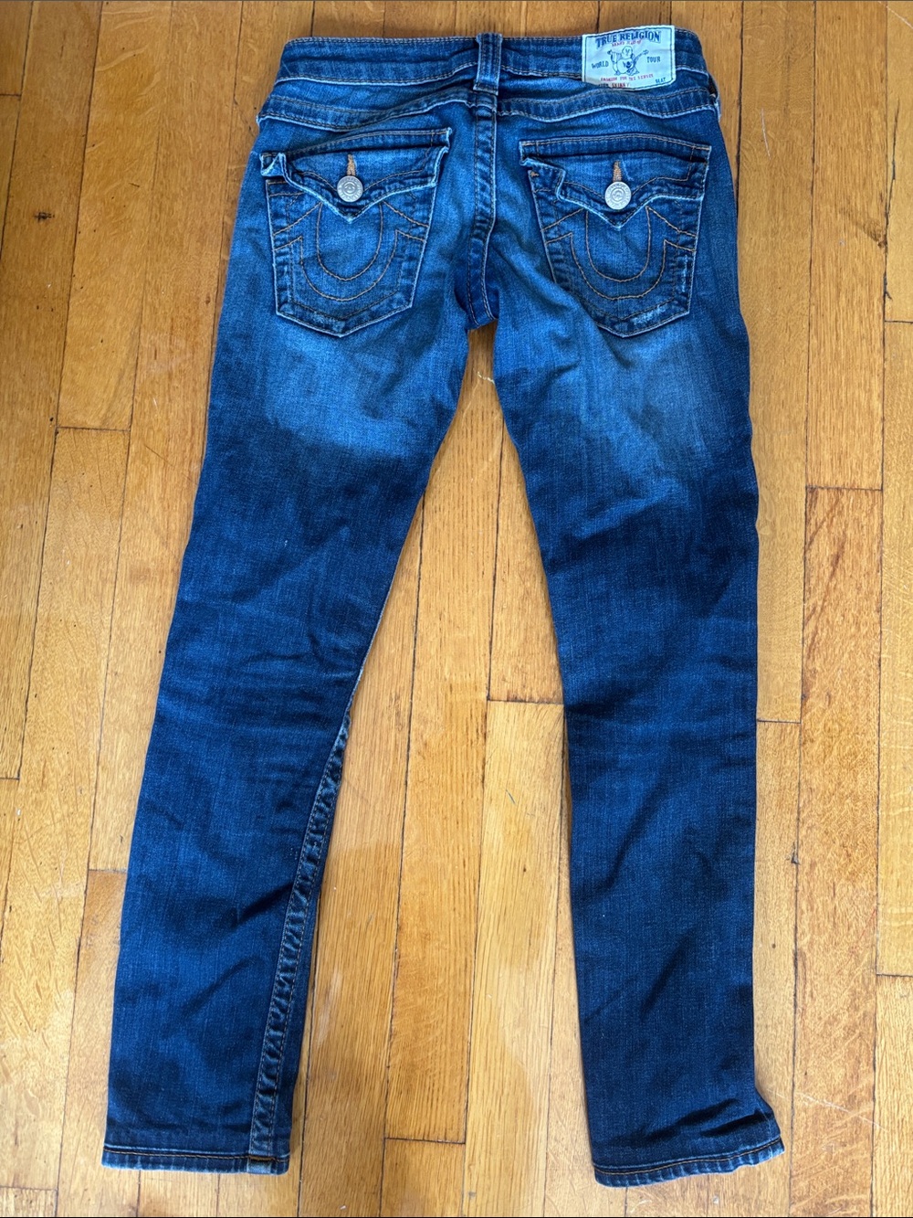 True Religion Indigo Blue Denim Jeans with Signature Pocket Stitching